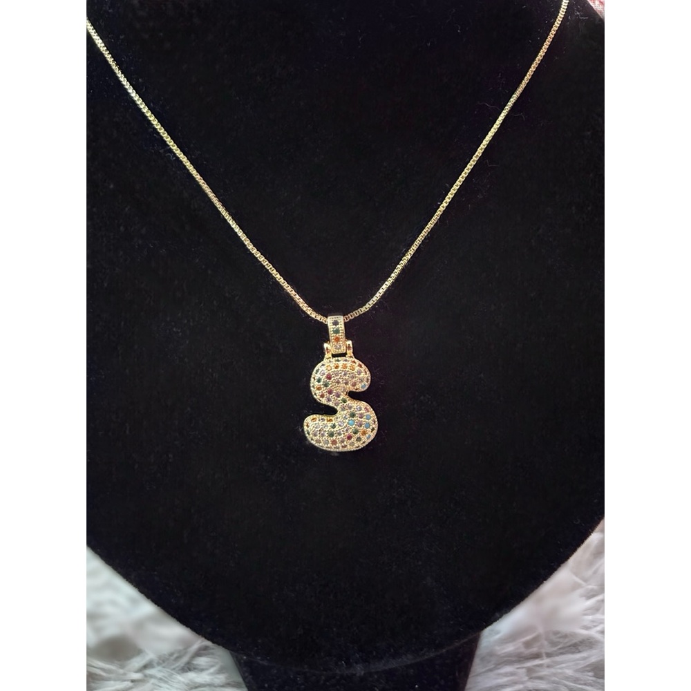 Gold Bubble Initial Pendant Necklace with Multicolor Stones